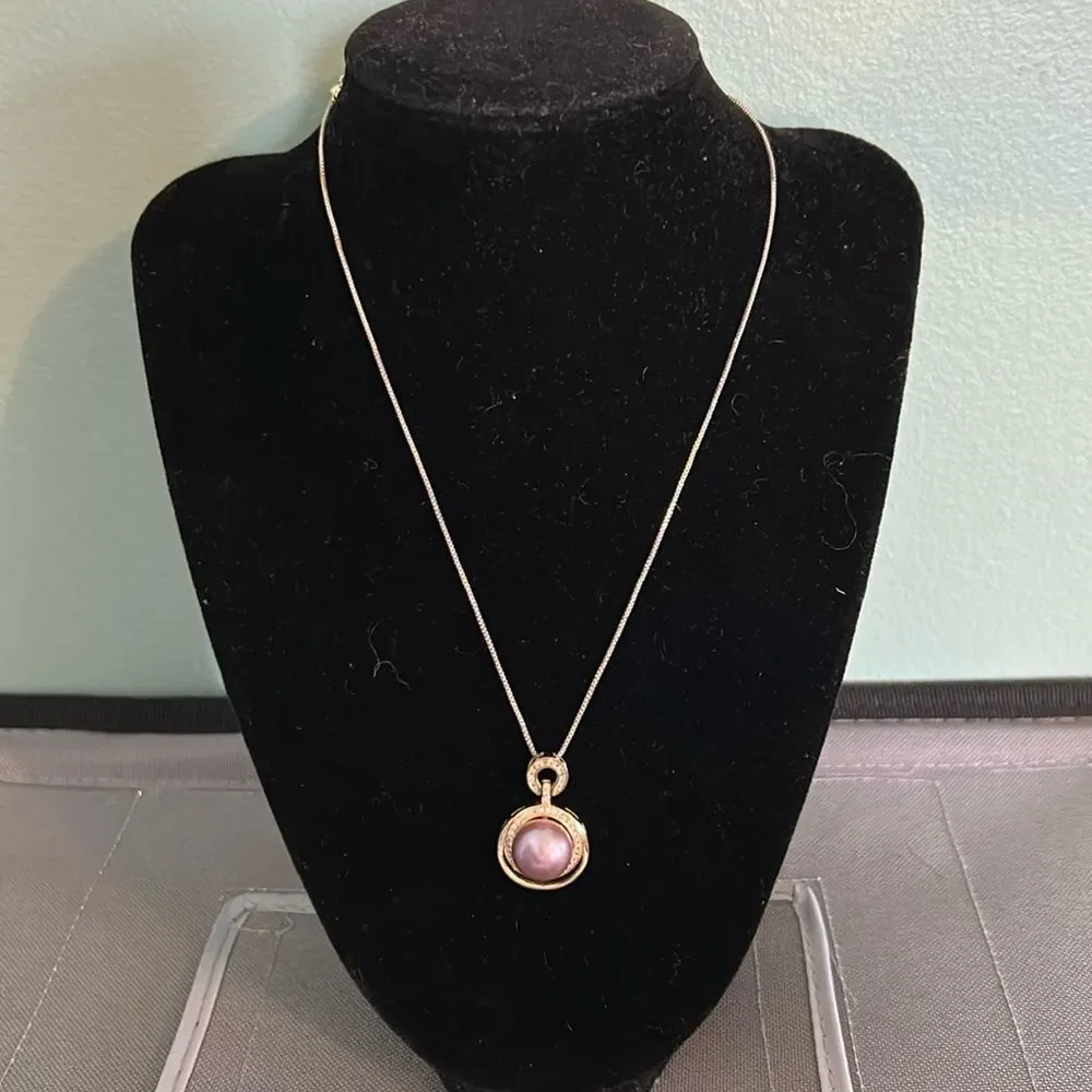 18K Gold Plated Necklace with faux pearl and rhinestone pendant